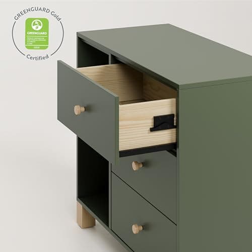 Storkcraft California 3 Drawer Combo Dresser (Olive with Driftwood) – GREENGUARD Gold Certified, Interlocking Drawer System, Pre-Installed Drawer Tracks for Easier Assembly, Spacious Cabinet 6