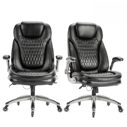 COLAMY High Back Executive Office Chairs,Ergonomic PU Leather Desk Chairs with Flip-Up Armrests, Adjustable Height, Lumbar Support,Comfortable Computer Chairs for Home Office,Set of 2