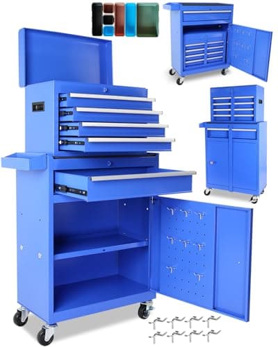 5-Drawer Rolling Tool Chest, 2-in-1 Steel Tool Storage Chest with Locking Wheels & Anti-Slip Trays, Detachable Toolbox, Adjustable Shelves for Garage,Workshop,Home, Blue