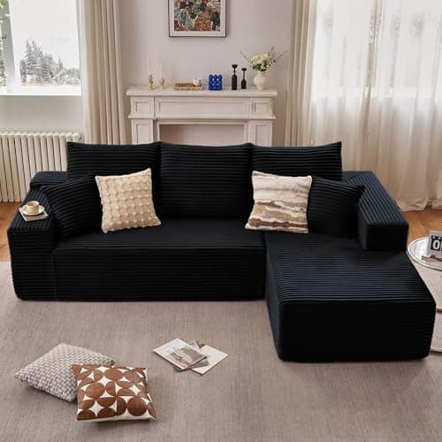 107" Modular Sectional Couches for Living Room, Comfy Boneless L Shaped Cloud Couch with Chaise Lounge, Modern Cozy Corduroy Deep Seat Floor Sofa, Memory Foam, No Assembly Required, Black 6