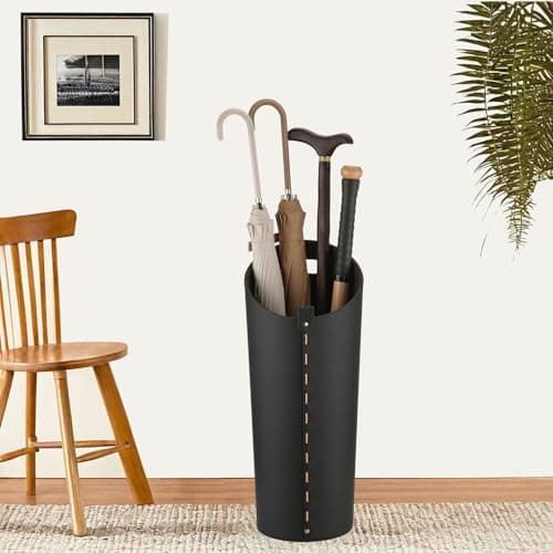 ELPMD Black Umbrella Holer for Entryway with Drip Tray and 2 Steel Hooks Leahter Tall 22.44 Inches Umbrella Stand Rack Indoor Can Store 10 Golf Umbrellas or Crutches Toy Swords etc 5