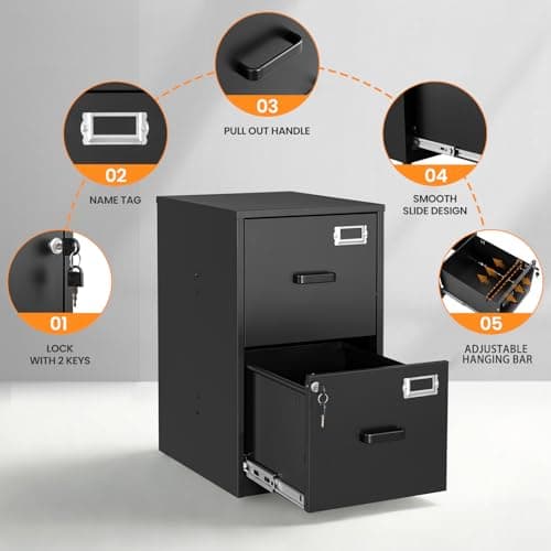 AFAIF 2 Drawer File Cabinet with Lock, Metal Filing Cabinets for Home Office, Vertical Black Small Caninet for Home Office, Steel Narrow Two Drawer File Cabnet for Letter/File Box- Assembly Required 6
