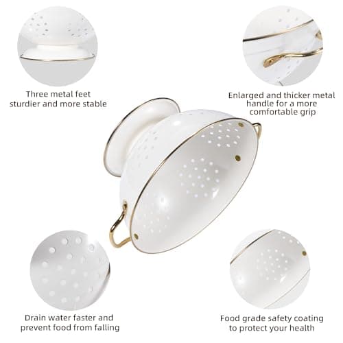 Metal Colander Set of 3, Strainer Basket with Handles perfect for Spaghetti, Pasta, Berry, Vegetable, Fruit, Solid Base Powder Coated Kitchen Essential Strainer Set, 1 & 3.5 & 5 Qt (Cream) 5