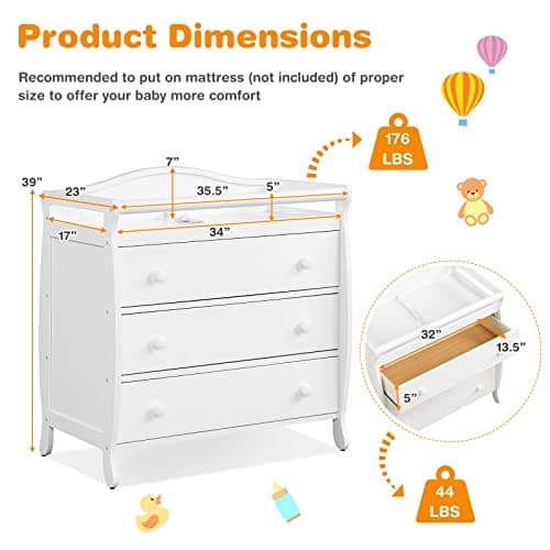 Costzon 3-Drawer Changing Table, Infant Diaper Changing Station with Drawers, Safety Rails & Strap, Baby Changing Table Dresser for Nursery, Easy Assembly (White) 6