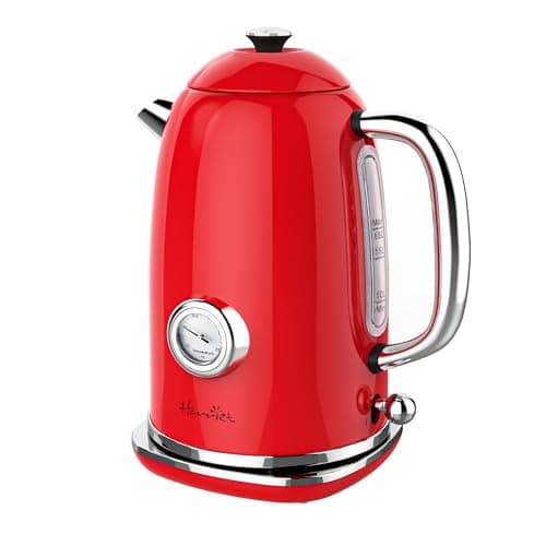 Harriet Electric Kettle, 1.8L Retro Electric Tea Kettle with Thermometer, 1500W Stainless Steel Hot Water Kettle Electric with LED Indicator, Fast Boiling, Cordless, Auto Shut-Off, Red