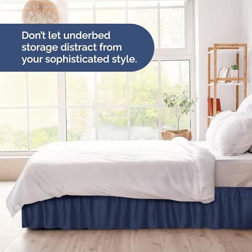 Wrap Around Dust Ruffle Bed Skirt - Navy Blue - for King Size Beds with 12 Inch Drop - Elastic Strap - Adjustable Pleated Bedskirt with Brushed Fabric and Wrinkle Free - for Women, Men, Kids & Teens 8
