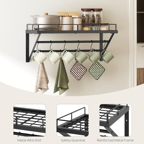 YATINEY Wall Mounted Pot Rack, 23.8 Inch Pot and Pan Organizer with 2 Tier Hanging Rails, 12 S-Hooks, Metal Pot Rack for Kitchen Cookware Organizer, Space Saving, for Kitchen Utensils, Black PR01BK 8