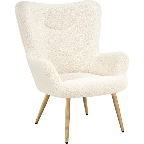 Yaheetech Accent Chair, Modern Boucle Vanity Chair with High Back and Wood-Tone Metal Legs, Sherpa Chair for Living Room, Home Office, Ivory 9