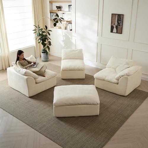 109" Modular Cloud Couches for Living Room, Boneless Couch Deep Seat Convertible L-Shape with Ottoman, Oversized Comfy 3-Seater Couch Chenille Fabric Compressed Sofa Modern Sectional Sofa,Creamy White 6