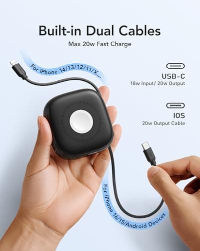 charmast Magnetic Portable Charger, 10000mAh Magnetic Power Bank Fast Charging, 20W Wireless 3 in 1 Battery Pack with Built-in USB C Cable for iPhone 16/15/14/13/12/Pro, AirPod, Apple Watch etc 5