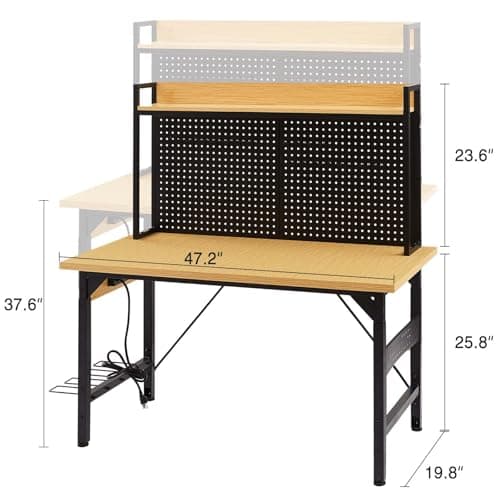 Tatub 48inch Adjustable Workbench with Wheels and Large Pegboard, Work Table with Power Outlets, 2000 LBS Load Capacity Rolling Work Benches for Garage, Office, Workshop, Home 7
