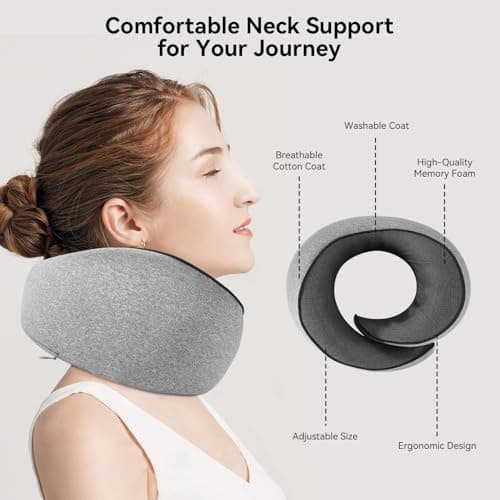 Optixion Travel Pillow, 100% Pure Memory Foam Neck Pillow for Airplanes, Comfortable Breathable Cover, Travel Essentials for Plane, Car, Train and Home, Gray 4