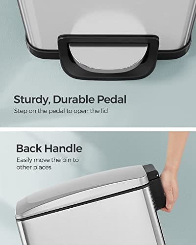 SONGMICS Slim Trash Can, 13-Gallon (50 L) Garbage Can for Narrow Spaces with Soft-Close Lid, Inner Bucket, and Step-on Pedal, Stainless Steel, 15 Trash Bags Included, Silver ULTB510E48 7