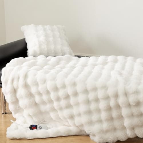 VELLUBAM Faux Fur Heated Blanket Throw White - Luxury Fluffy Rabbit Bubble Electric Blanket with 6 Heating Levels, 4 Time Settings, Ideal Gift for Women, Machine Washable (50"x60")