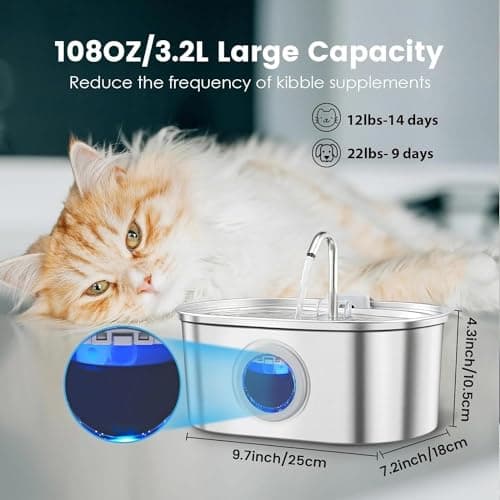 Pet Water Fountain Stainless Steel - 3.2L Cat, Dog Fountain for Drinking - Automatic Cat Water Fountain, Automatic Dog Water Fountain - Water Level Window and Dual Types of Water Flow 9