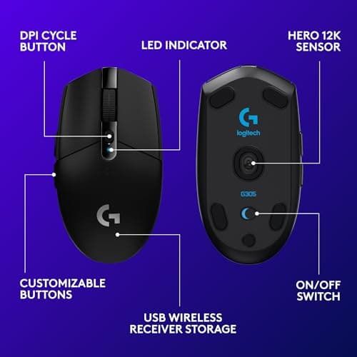 Logitech G305 Lightspeed Wireless Gaming Mouse, Hero Sensor, 12,000 DPI, Lightweight, 6 Programmable Buttons, 250h Battery, On-Board Memory, Compatible with PC, Mac - Black 6