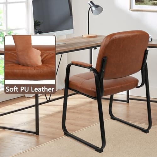 CLATINA Waiting Reception Chairs No Wheel, Leather Guest Chair with Padded Arms, Modern Brown Office Desk Chairs with Sled Base for Office Meeting Conference Room Lobby Home Living Room (2 Pack) 8