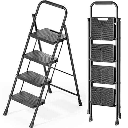 KINGRACK Folding 4 Step Ladder, Portable Ladder for Multi-Purpose, Home, Kitchen, Heavy Sturdy Steel Step Stool with Anti-Slip Wide Pedals, Handrail, Safe-Lock Design, Pass 500lbs Load Testing, Black