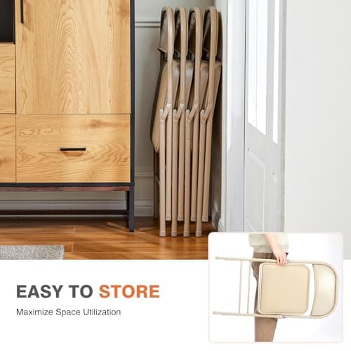 Sweetcrispy Folding Chair 4 Pack, Leather Padded Folding Chairs, Sturdy Metal Foldable Chairs, Easy to Use and Store, Outdoor and Indoor, for Home, Office, Party, Comfy, Kahki(5H98TJNL) 5