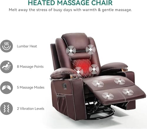 YITAHOME Recliner Chair,PU Rocking Chair for Adults,Swivel Recliner with Cup Holders,Heat and Massage,Single Sofa Seat with Side Pockets for Living Room/Bedroom,Brown 5