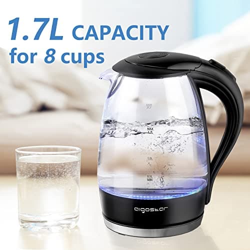 Aigostar Electric Kettle, 1500W Cordless Electric Tea and Hot Water Kettle with Filter, LED Illuminated, High Borosilicate Glass, No BPA, Auto Shutoff, Boil-Dry Protection, 360° Base, 1.7 Liter 8