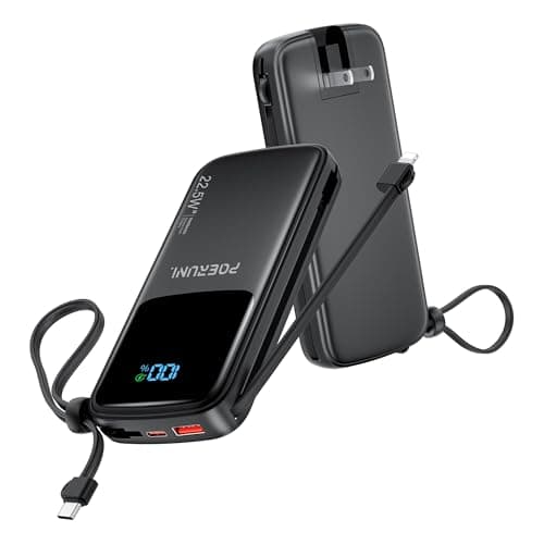 POERUNI. 10000mAh Power Bank with a Built-in AC Wall Plug Led Display and Two Built-in Cables.USB-C Fast Charging Compatible with iPhone,Samsung,and Android Smartphones, Portable Charger with Travel.