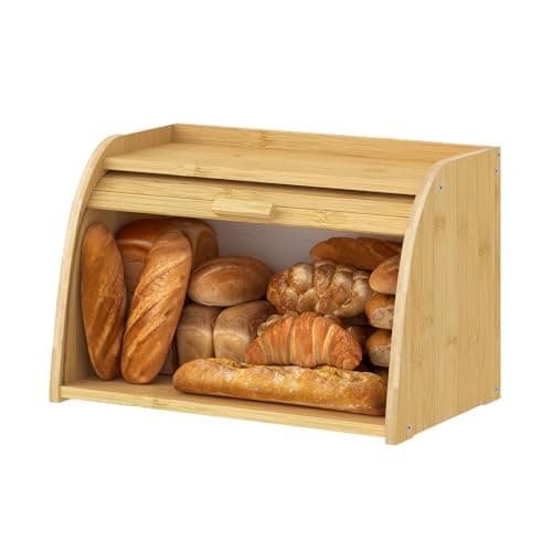 Kitsanery Bread box for kitchen countertop, Bamboo bread storage, Roll-Top bread container, Farmhouse bread holder for homemade bread (single layer)