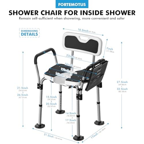 FORTEMOTUS Shower Chair for Inside Shower 400 lbs, Shower Chair for Elderly and Disabled with U Shaped Seat, Padded Arms and Back, Adjustable Height for Bathtub, Bathroom 6