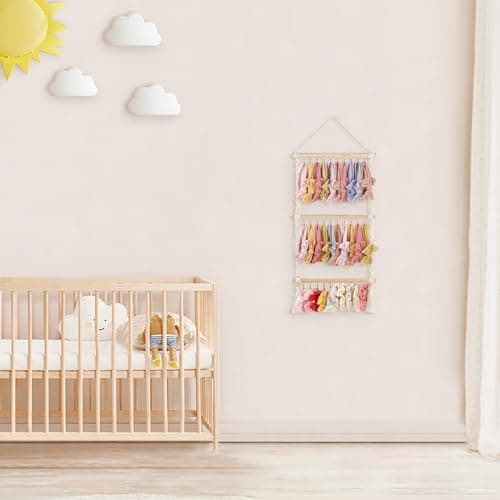 Dahey Hanging Jewelry Organizer Macrame Necklace Holder with 30 Hooks Wall Mounted Jewelry Hanger Over Door Necklace Rack with Tassel for Necklace Bracelet Earring Headband Bow Organizer 5