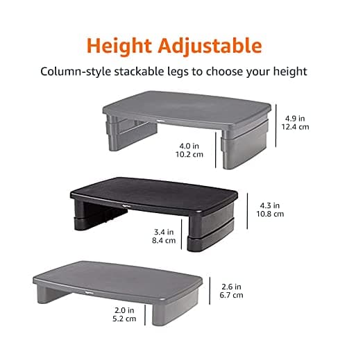 Amazon Basics Height Adjustable Monitor Stand Riser with Storage Organizer, Multifunctional Desk Accessories for Reduced Neck Strain - Fits Monitors, Laptops Up to 22lbs, Black 7