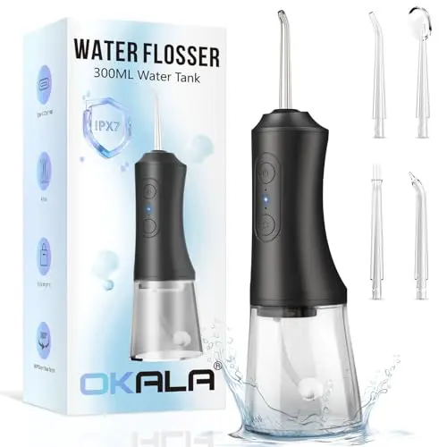 Water Flosser, Water Dental Flosser Pick for Teeth, 300ML IPX7 Waterproof Oral Irrigator, 3 Modes 4 Replaceable Jet Tips, Professional Flossing Cleaning Picks for Home Travel Gums, Braces Care