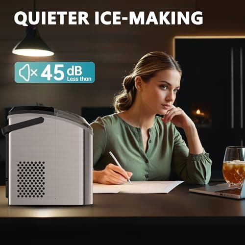 EUHOMY Nugget Ice Maker Countertop with Handle, Ready in 6 Mins, 34lbs Per Day, Removable Top Cover, Auto-Cleaning, Portable Sonic Ice Maker with Basket and Scoop, for Home/Party/RV/Camping (Silver) 7