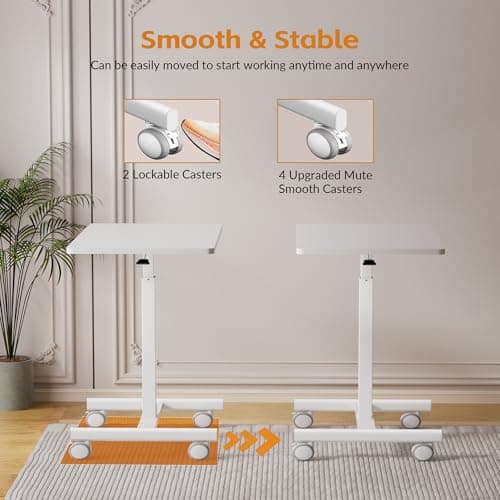 CROWNFURN Mobile Small Standing Rolling Desk Adjustable Height, Portable Laptop Desk on Wheels, Workstation for Home Office with Hook,White 5
