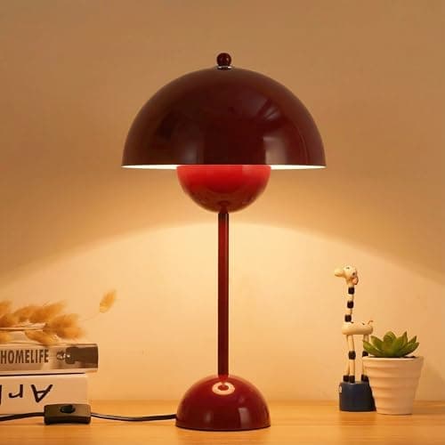COSYLUX Modern Small Table Lamp for Bedroom, Cute Dome Shade Reflecting Light Reading Lamp for Living Room, Kid's Room, Study, Office, Beside Bedside Nightstand Desk Lamp(Coral Red/Burgundy)