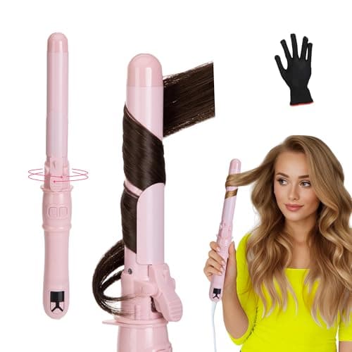 HC Honey Coco Rotating Curling Iron – 1.1 Inch Self Curling Hair Curler, Anti-Tangle, LCD Display, Fast Heating Wand for Time-Saving, Long-Lasting Curls & Waves, Pink