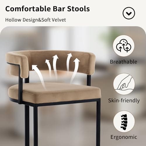 Rongbuk Set of 2 Brown Modern Velvet Bar Stools with Barrel Backrest, Upholstered Seat, and Black Metal Footrest – 25.6-Inch Seat Height, Ideal for Counters, Home Bars, and Kitchen Islands 4