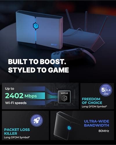 HYPEREV AX3000 Gaming Router WiFi Booster for PS5, PC & Consoles – Dual Band WiFi 6 Game Accelerator, Low Ping & Lag Reduction, 2402Mbps, Includes 90-Day GearUP VIP Core Plan 7