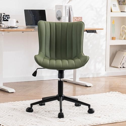 YOUNIKE Armless Home Office Desk Chair with Wheels Compact Comfy Vanity Chair with Adjustable Back Modern Small Leather Upholstered Rolling Swivel Cute Task Drafting Sewing Chair No Arms Olive Green 9