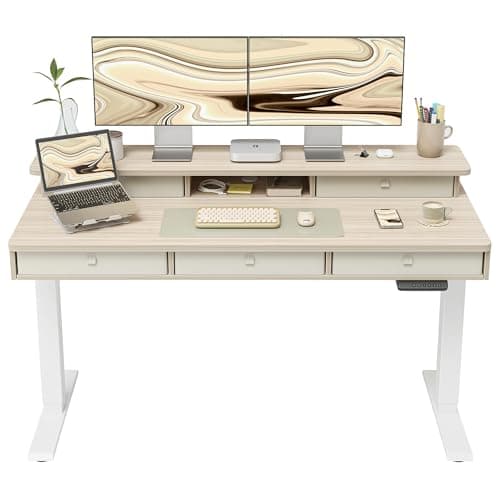 FEZIBO Height Adjustable Electric Standing Desk with 5 Drawers, 55 x 24 Inch Table with Storage Shelf, Sit Stand Desk White Frame/Light Walnut Top, 55 inch