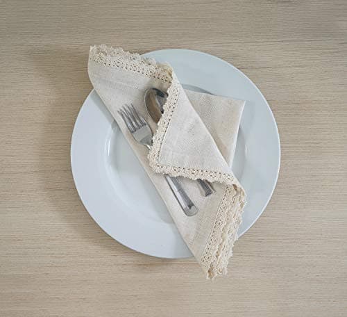 FINGERCRAFT Dinner Cloth Napkin Cotton Linen 12 Pack Vintage Rustic Premium Quality Mitered Corners Napkin Cloth with Elegant Lace for Everyday Use, Pre Shrunk and Good Absorbency 20x20 in Ivory 6