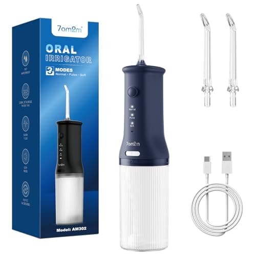7AM2M Portable Water Flosser Cordless, Water Flosser for Teeth with 3 Modes and 2 Jet Tips, USB C Rechargeable, IPX7 Waterproof, Dental Water Flosser for Travel and Home Use (Navy Blue)