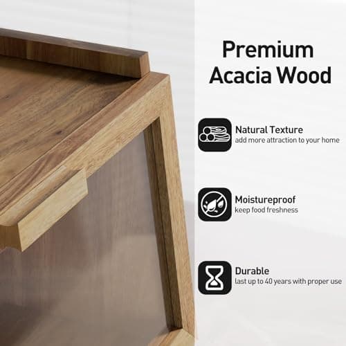 Acacia Wood Bread Box for Kitchen Countertop, Large Wooden Bread Storage Container, with Clear Window Back Air Vent and Anti-falling Design, Bread Boxes for Keeping Food Fresh in Home and Kitchen 2