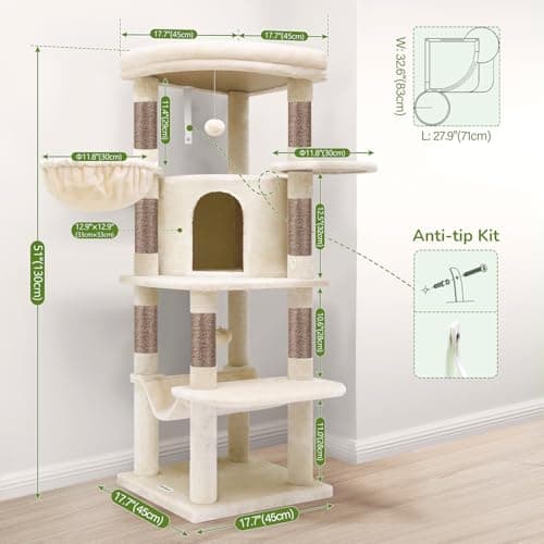 Globlazer Corner Cat Tree, 51in Curved Series Modern Cat Tower for Indoor Cats with Hammock, 7 Sisal Scratching Posts, Large Fan-Shaped Platform for Large Cats, Cat Condo & Hanging Basket, C51, Beige​ 7