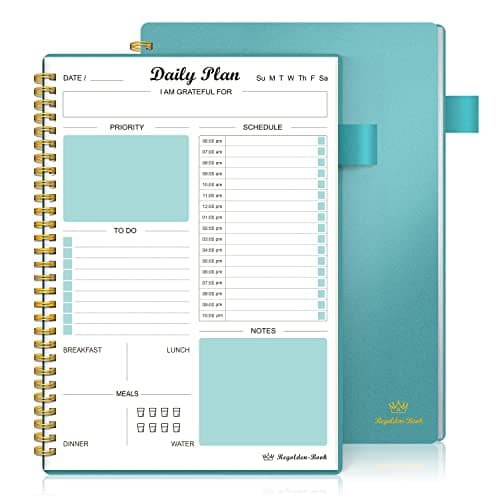 Daily Planner Undated, To Do List Notebook with Hourly Schedule Calendars Meal, Spiral Appointment Organizers Notebook for Man/Women, Pocket,Pen Loop, 160 Pages (7x10")