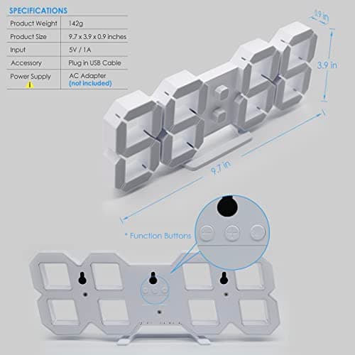 KOSUMOSU 3D LED Digital Wall Clock ,9.7", Large Display Table/ Desk Clock with Remote Control 12/24H Temperature (White Light) 6