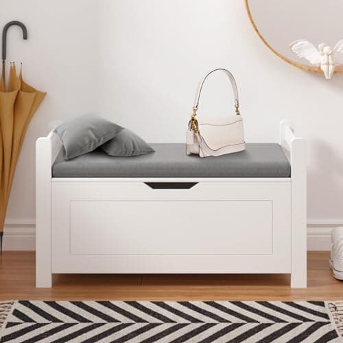 QJZLXKYT Storage Chest, Entryway Storage Bench with Cushion Seat, Storage Trunk, Wooden Toy Box with 2 Safety Hinges, Shoe Bench, for Entryway, Living Room, Bedroom, White