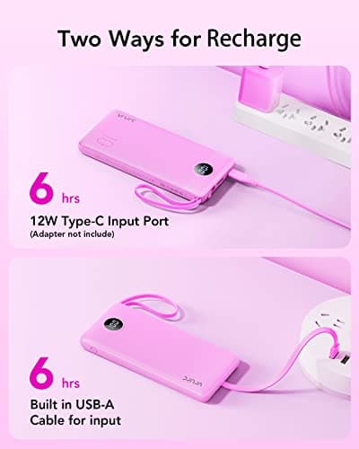 VRURC Portable Charger 10000mAh, Travel Essentials Battery Pack, 5 Output 2 Input Power Bank, Built-in Micro & USB C Cables Phone Charger for iPhone 17 Pro 17 16 15 14 13,Android-Purple(1 Pack) 6