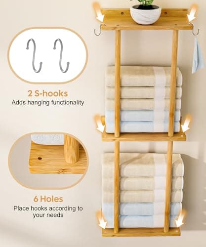 Cozivolife Towel Rack Bamboo for Bathroom, 3 Tier 32.7 inch with 2 Hooks and Shelf Wall Mounted Storage Organizer Shelf, Large Capacity Holder (Natural) 6