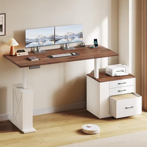 Homiflex 75.5 Inches Electric Standing Desk with Drawers Farmhouse Sit Stand Desk with Storage Adjustable Height Computer Desk with Power Outlets Printer Space for Home Office White and Walnut 8