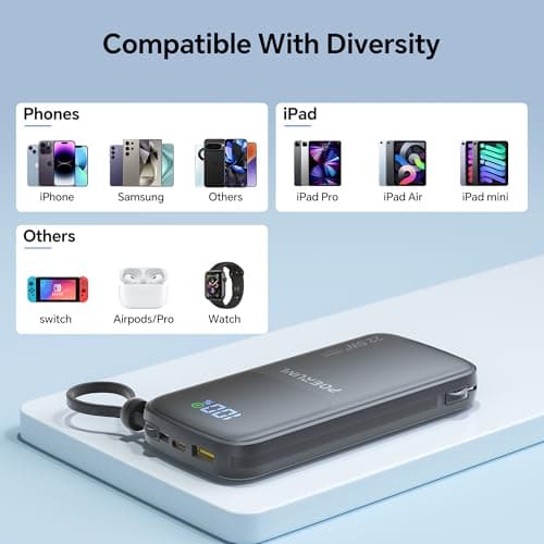 POERUNI. 10000mAh Power Bank with a Built-in AC Wall Plug Led Display and Two Built-in Cables.USB-C Fast Charging Compatible with iPhone,Samsung,and Android Smartphones, Portable Charger with Travel. 8